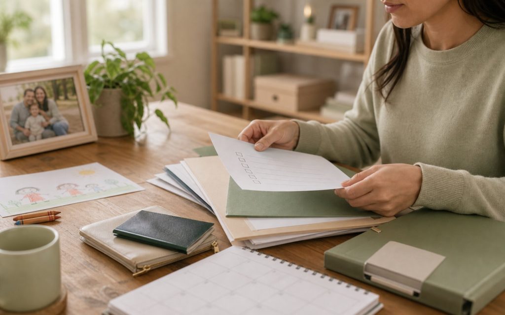 A warm home planning scene with family immigration documents organized before filing.
