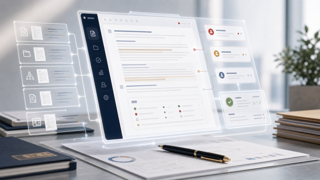 A clean nucleiTECH drafting interface with document review panels and quality signals.