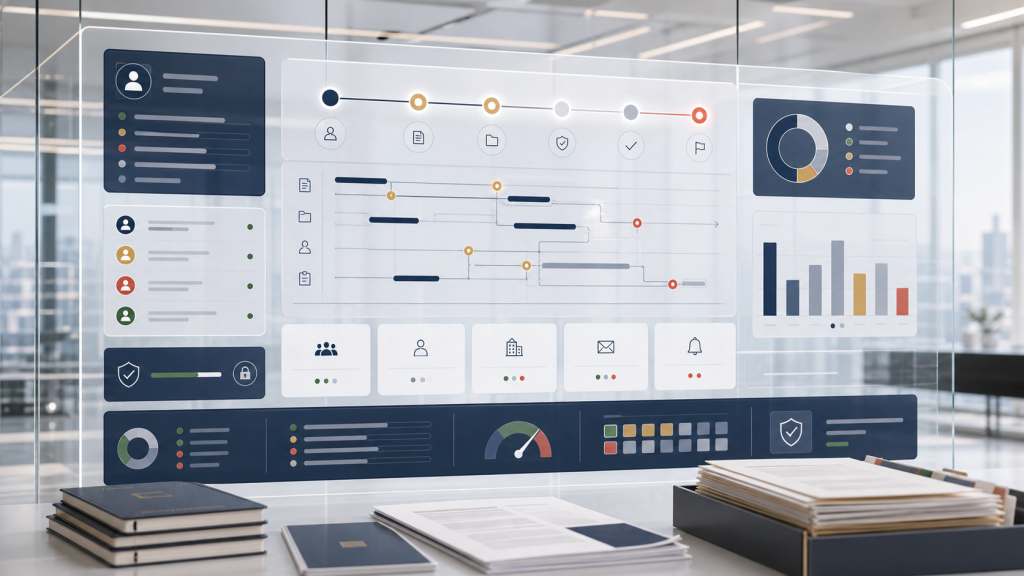 A nucleiTECH analytics dashboard showing lifecycle visibility, timeline signals, and stakeholder status.