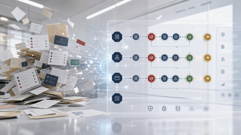 A nucleiTECH workflow dashboard showing structured case lanes, document queues, and product signals.