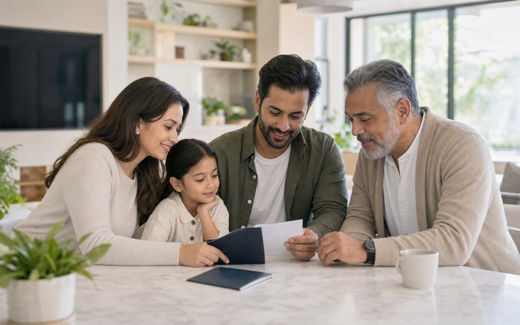 A polished family in a warm home setting planning their future together.